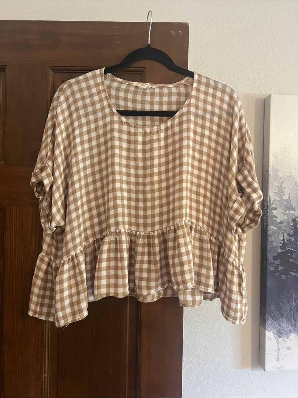 Casual Beige Gingham Peplum Blouse